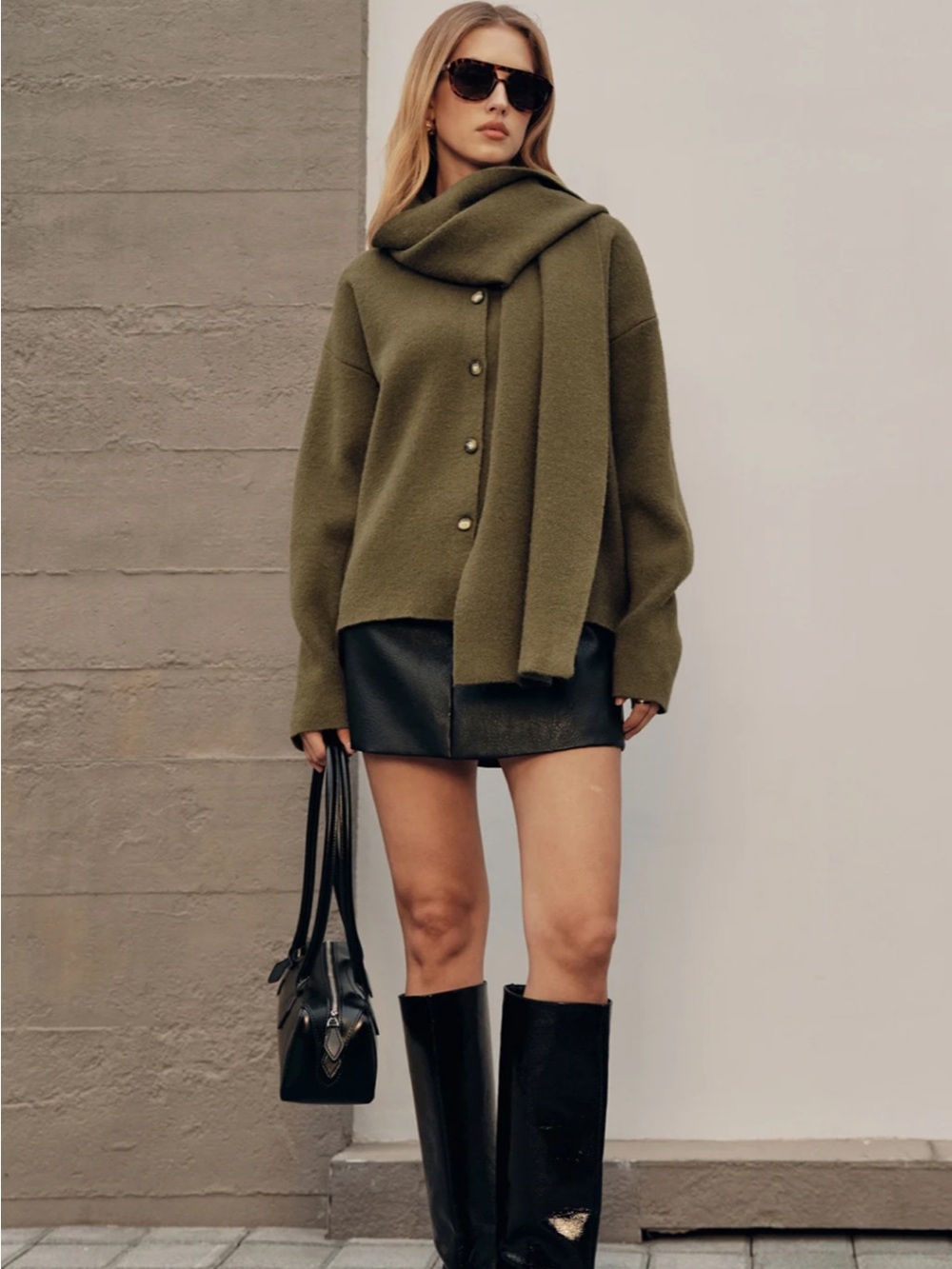 Commense Olive Green Button-Front Cardigan Scarf Sweater - Women